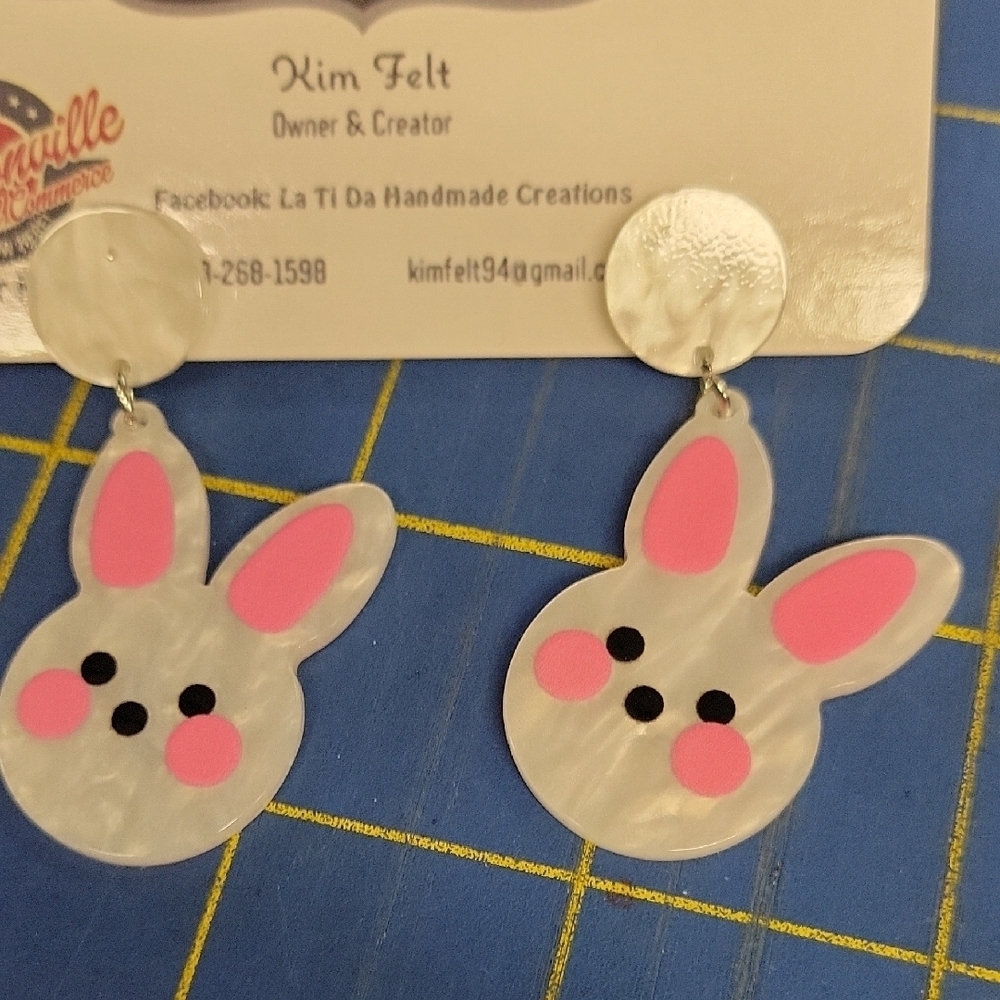 Bunny 1.5" Earrings Pink White Resin Easter Spring Rabbit